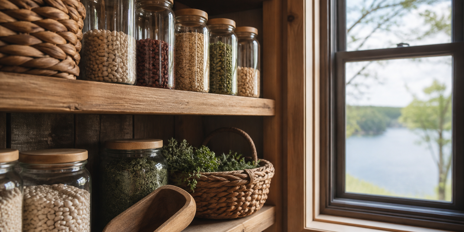 Practical Lake of the Ozarks pantry refresh Unlabeled pantry jars and herbs on a rustic wooden shelf