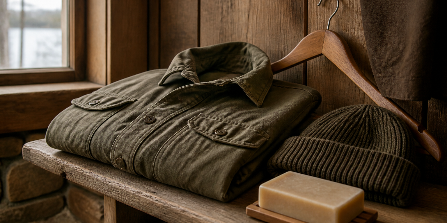 Folded outdoor layers and natural soap on a rustic wood bench