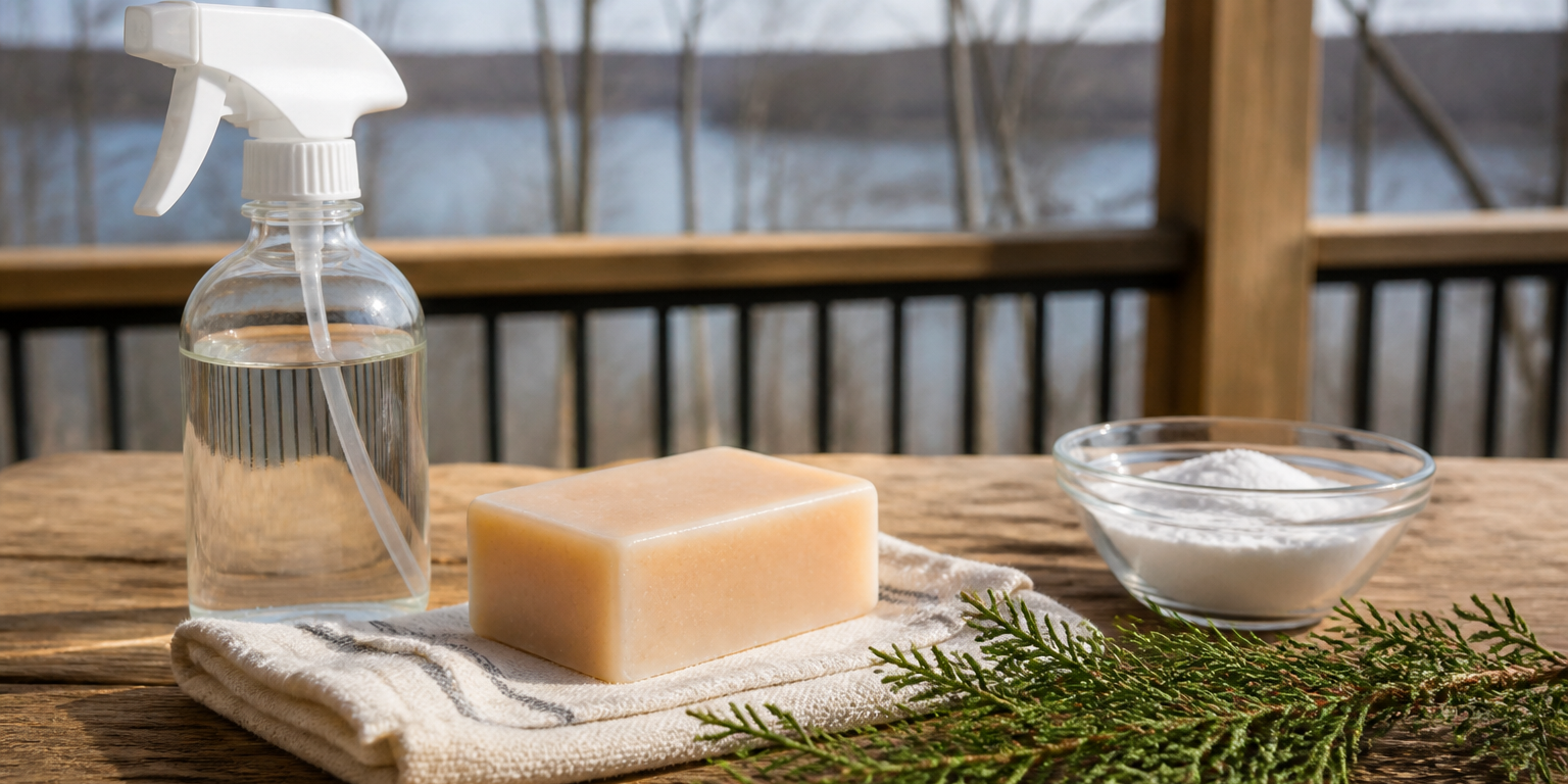 Natural home-care still life on a Lake of the Ozarks porch Natural home-care supplies on a rustic porch table